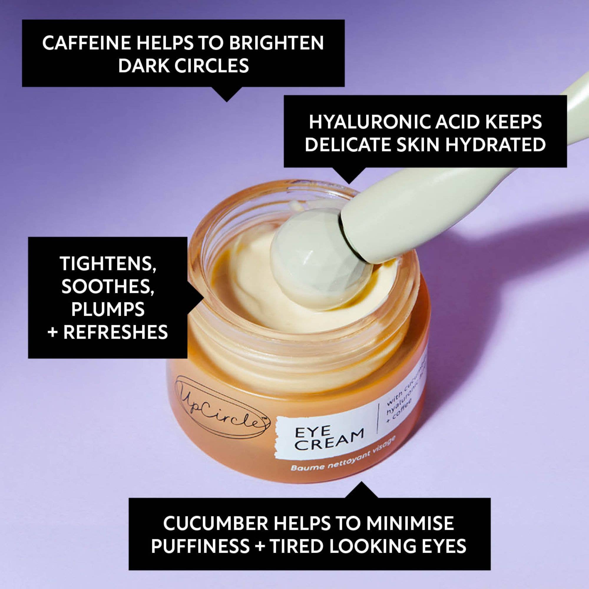 Eye cream jar with a spoonful of cream on a purple background, featuring text about ingredients and benefits.