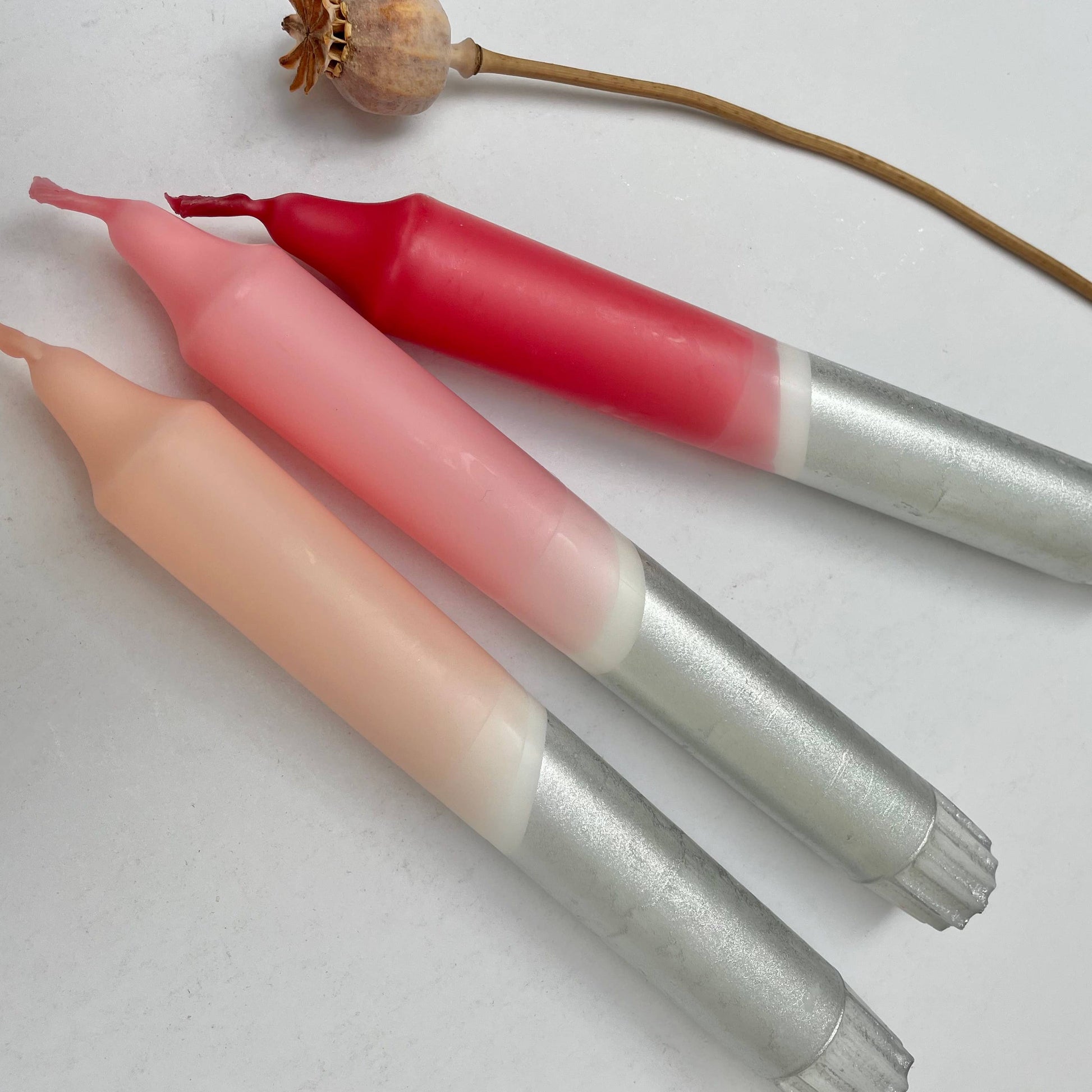 Berry Tones & Silver Dip Dyed Dinner Candles