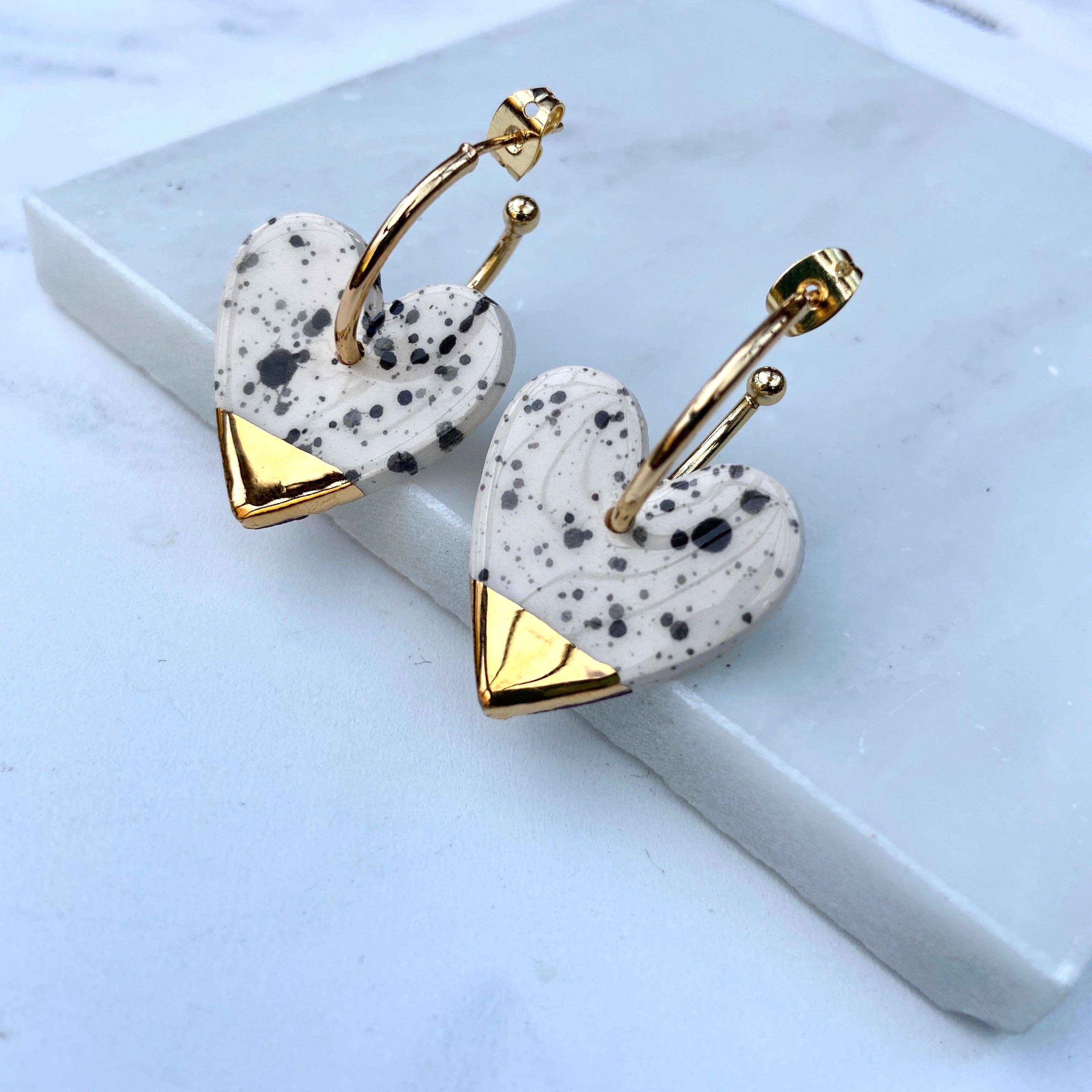Black and White Spotty Ceramic Heart Charms With Hoops: Gold