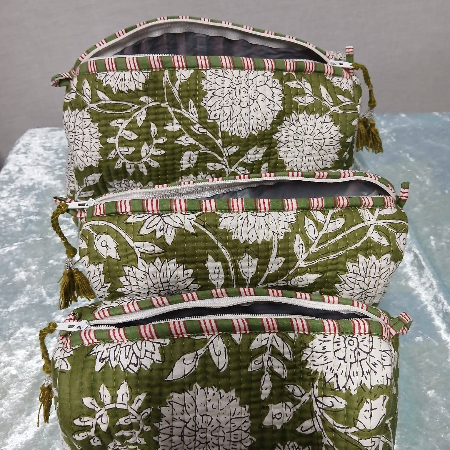Olive Green Cotton quilted wash bag set of 3