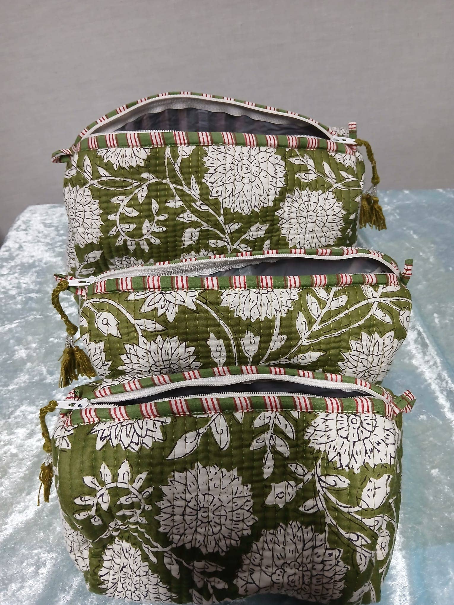 Olive Green Cotton quilted wash bag set of 3
