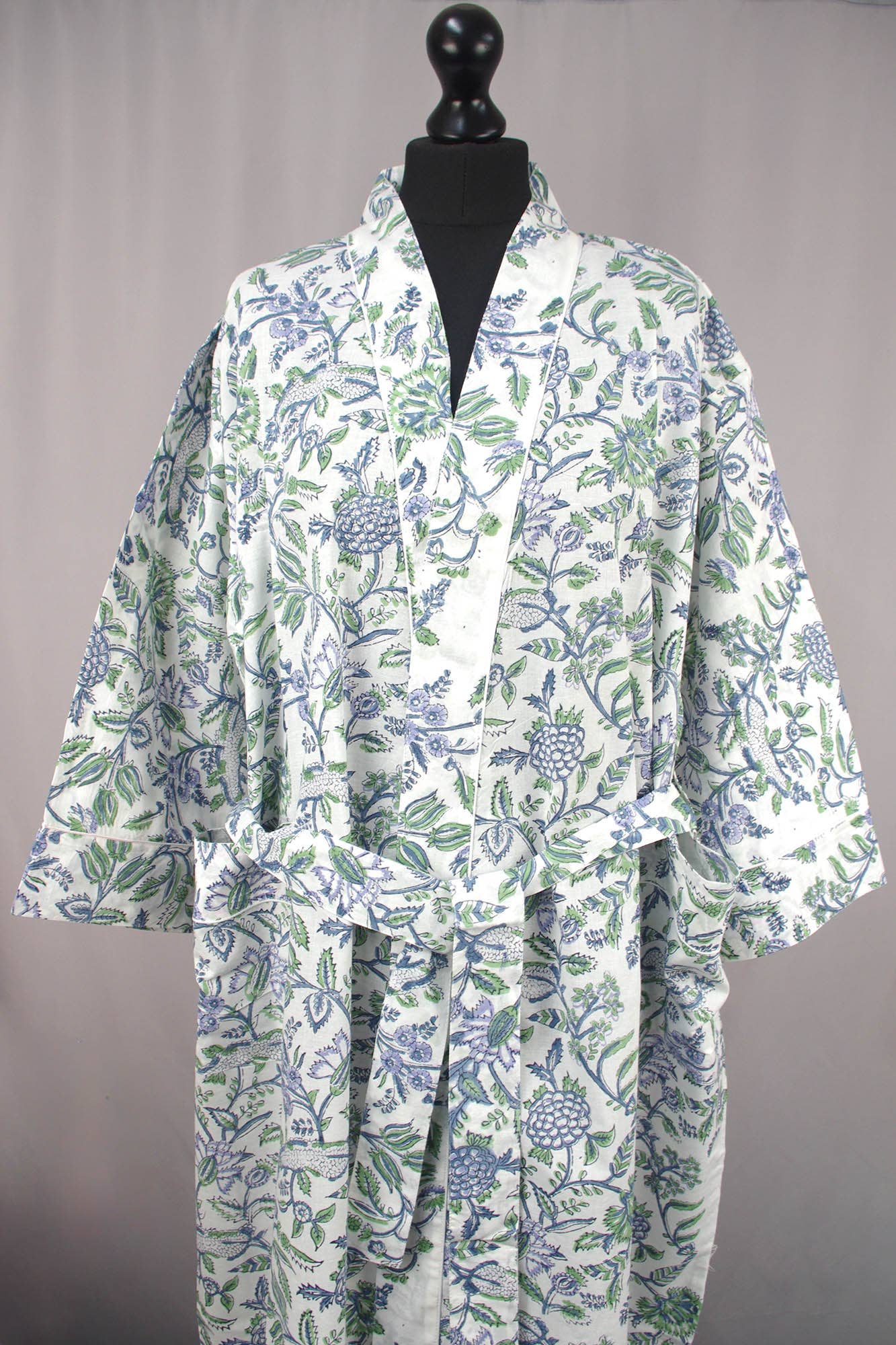 Cotton Kimono Dressing Gown - Blue Flowers On White