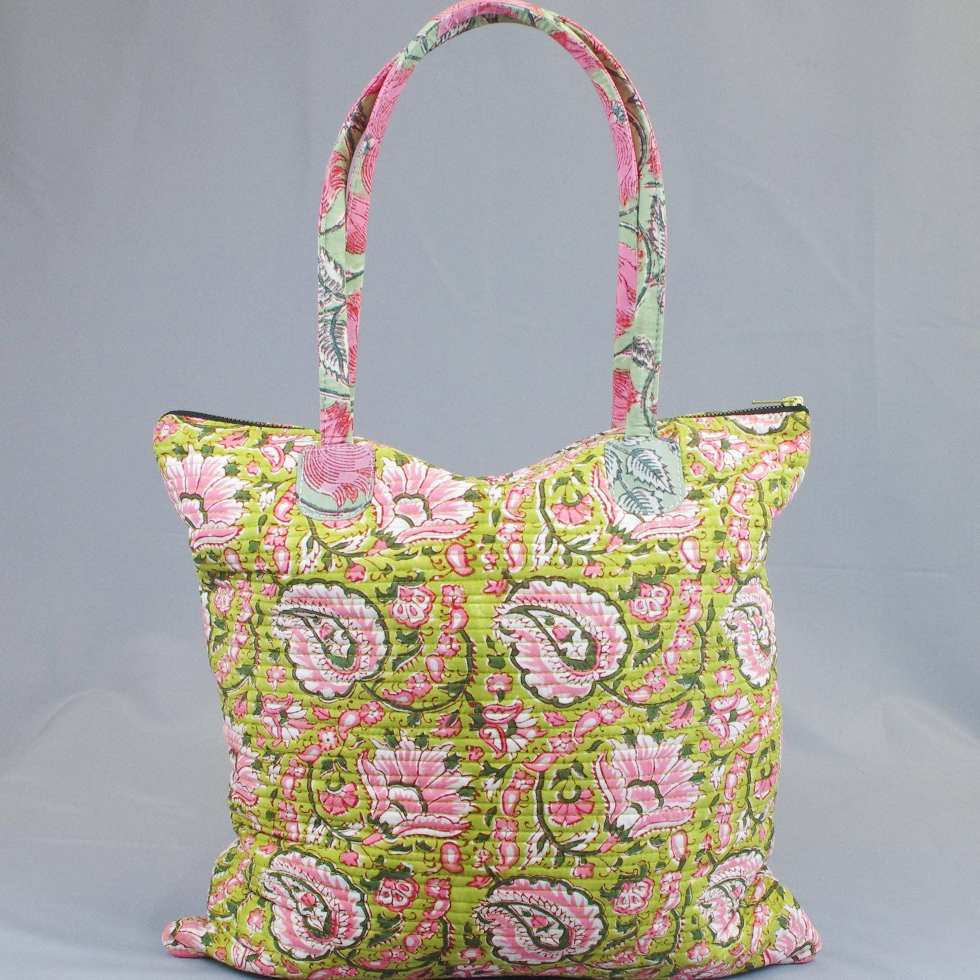 Cotton Quilted Shopping Bag - Green Paisley