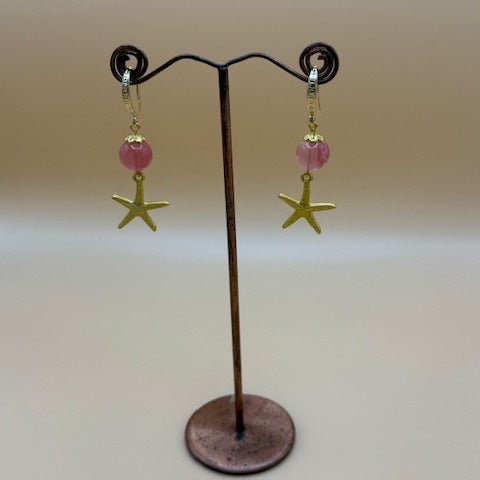 Coral Coloured Quartz Earrings With Gold Starfish