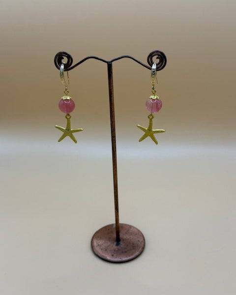 Coral Coloured Quartz Earrings With Gold Starfish
