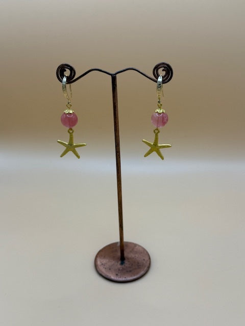 Coral Coloured Quartz Earrings With Gold Starfish