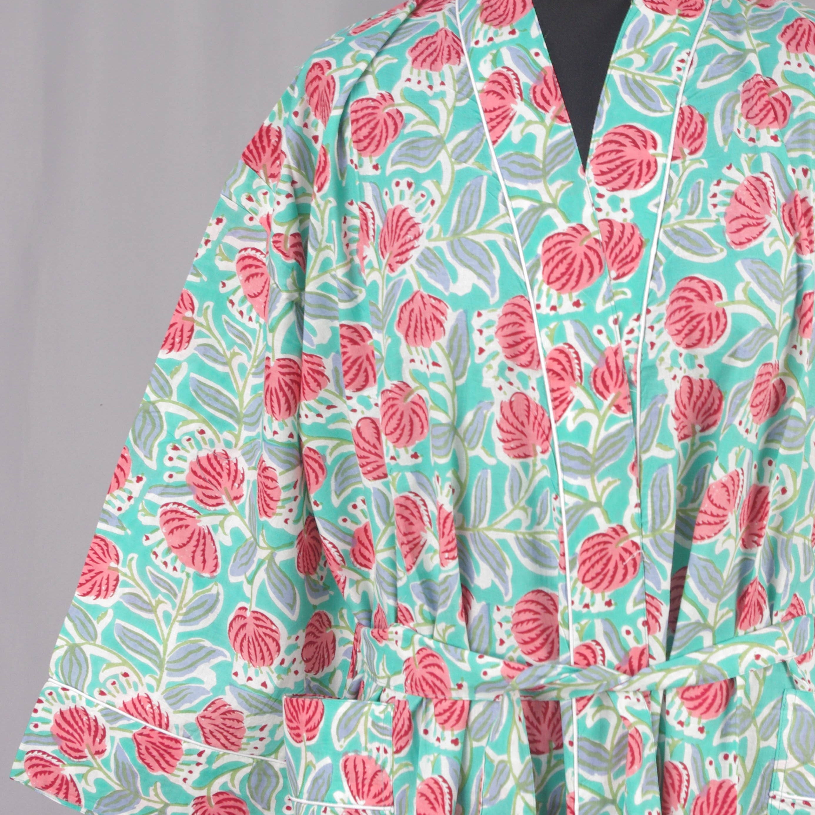 Cotton Kimono Dressing Gown - Green Dandelions