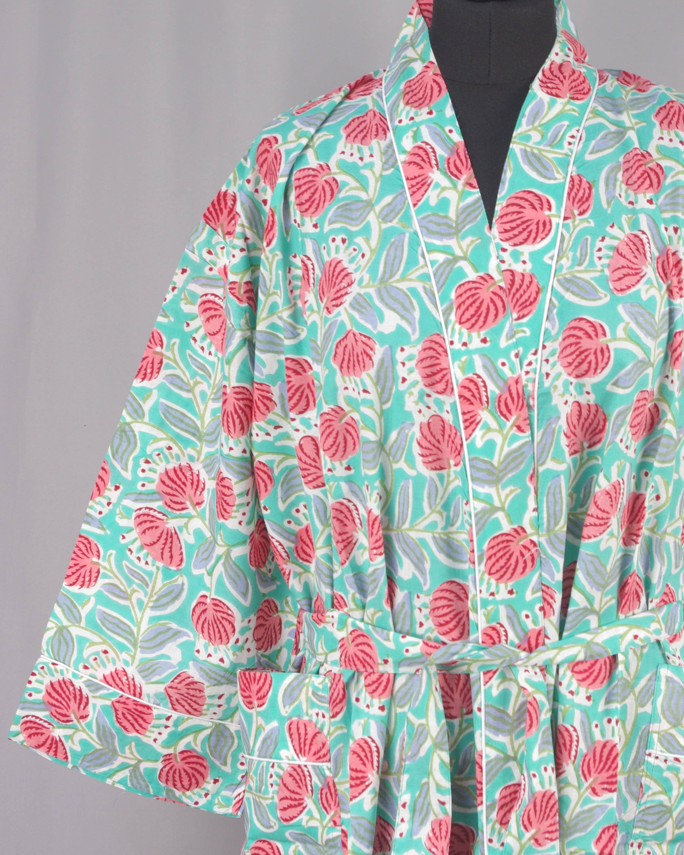 Cotton Kimono Dressing Gown - Green Dandelions