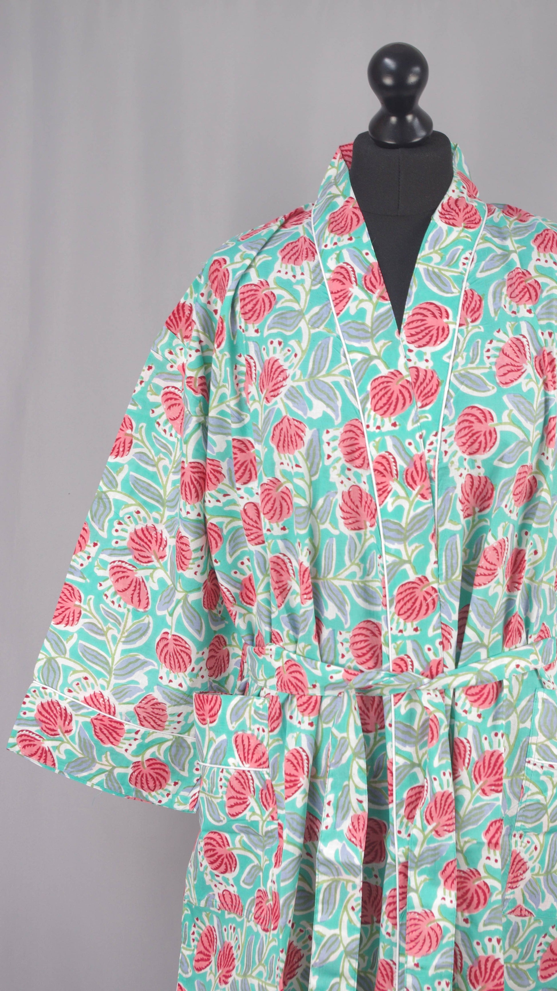 Cotton Kimono Dressing Gown - Green Dandelions