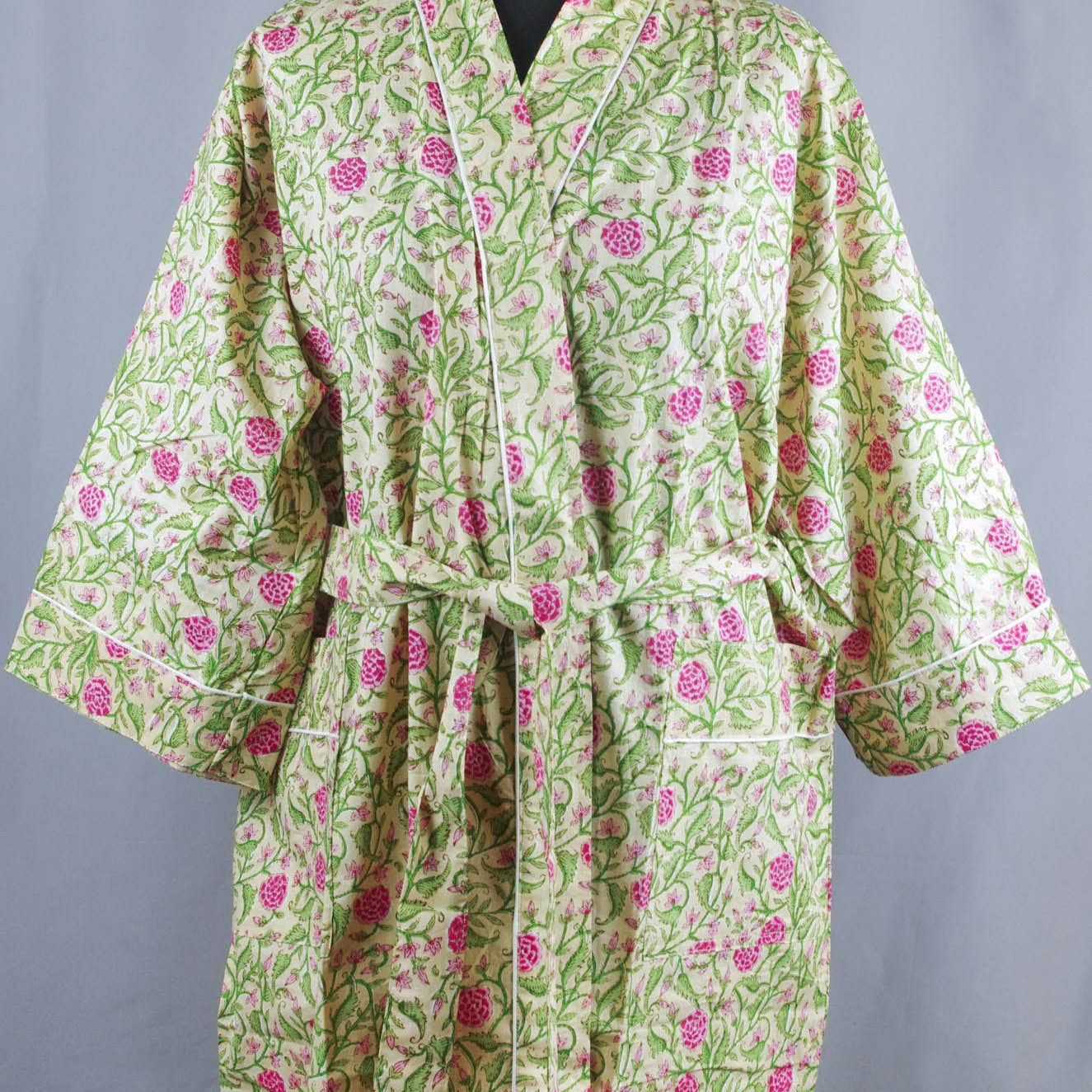Pale Yellow & Pink Floral Cotton Kimono