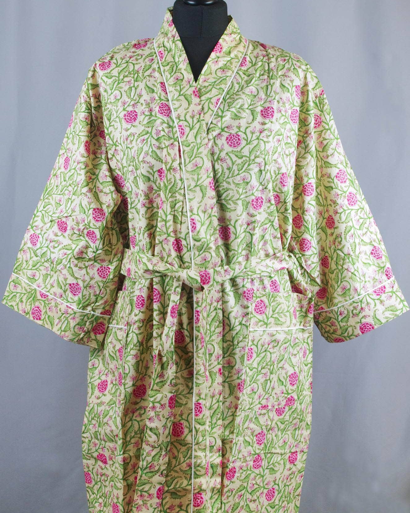 Pale Yellow & Pink Floral Cotton Kimono
