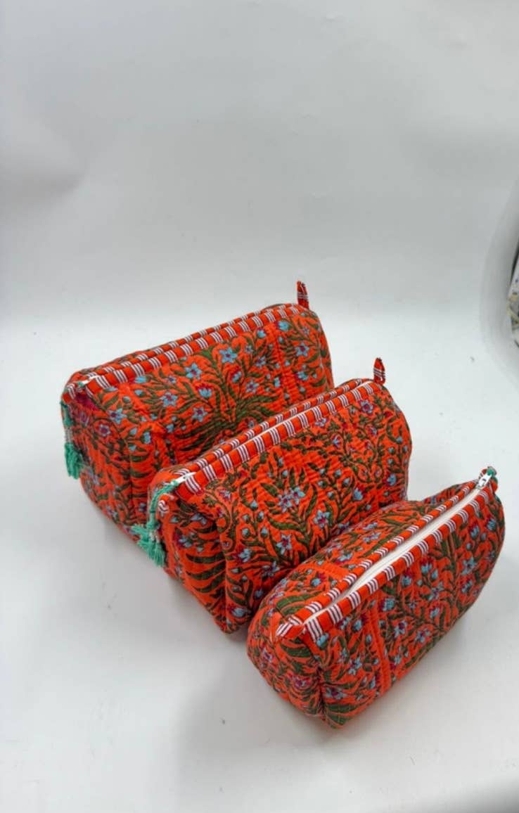 Orange cotton  quilted wash bag. Set of three -  small, medium,  large