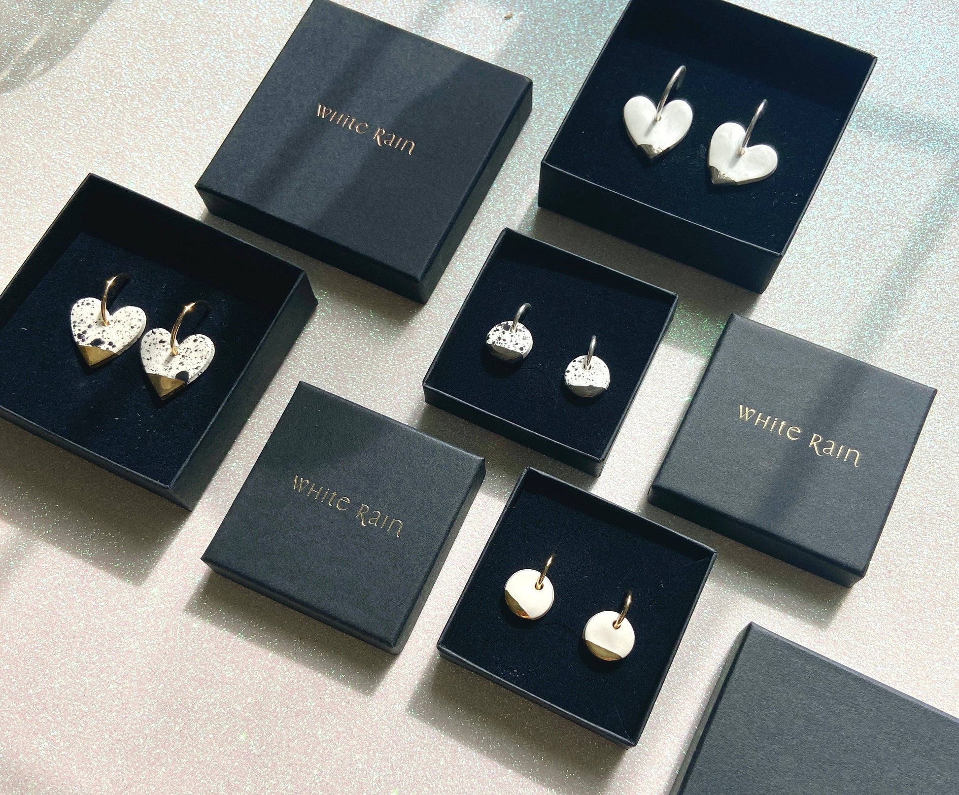 White Heart Ceramic Charm With Hoops: Gold