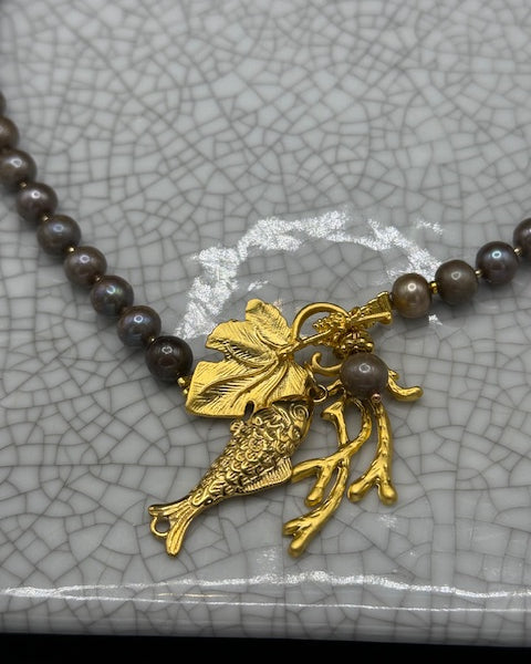 Small Grey Pearls with Golden Fish Charm Necklace