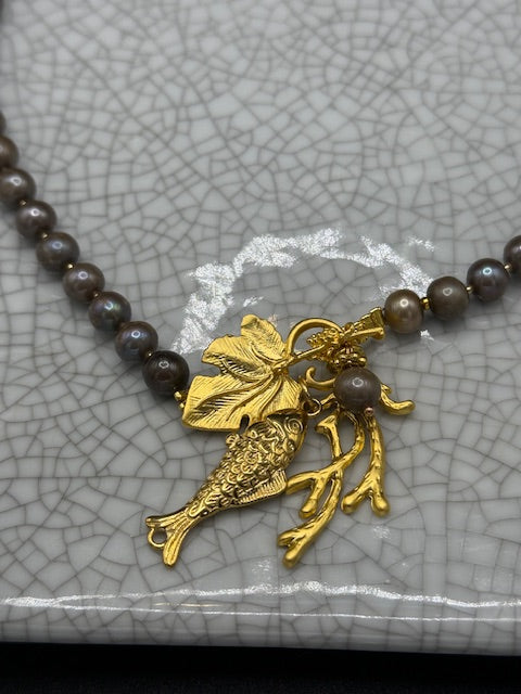 Small Grey Pearls with Golden Fish Charm Necklace