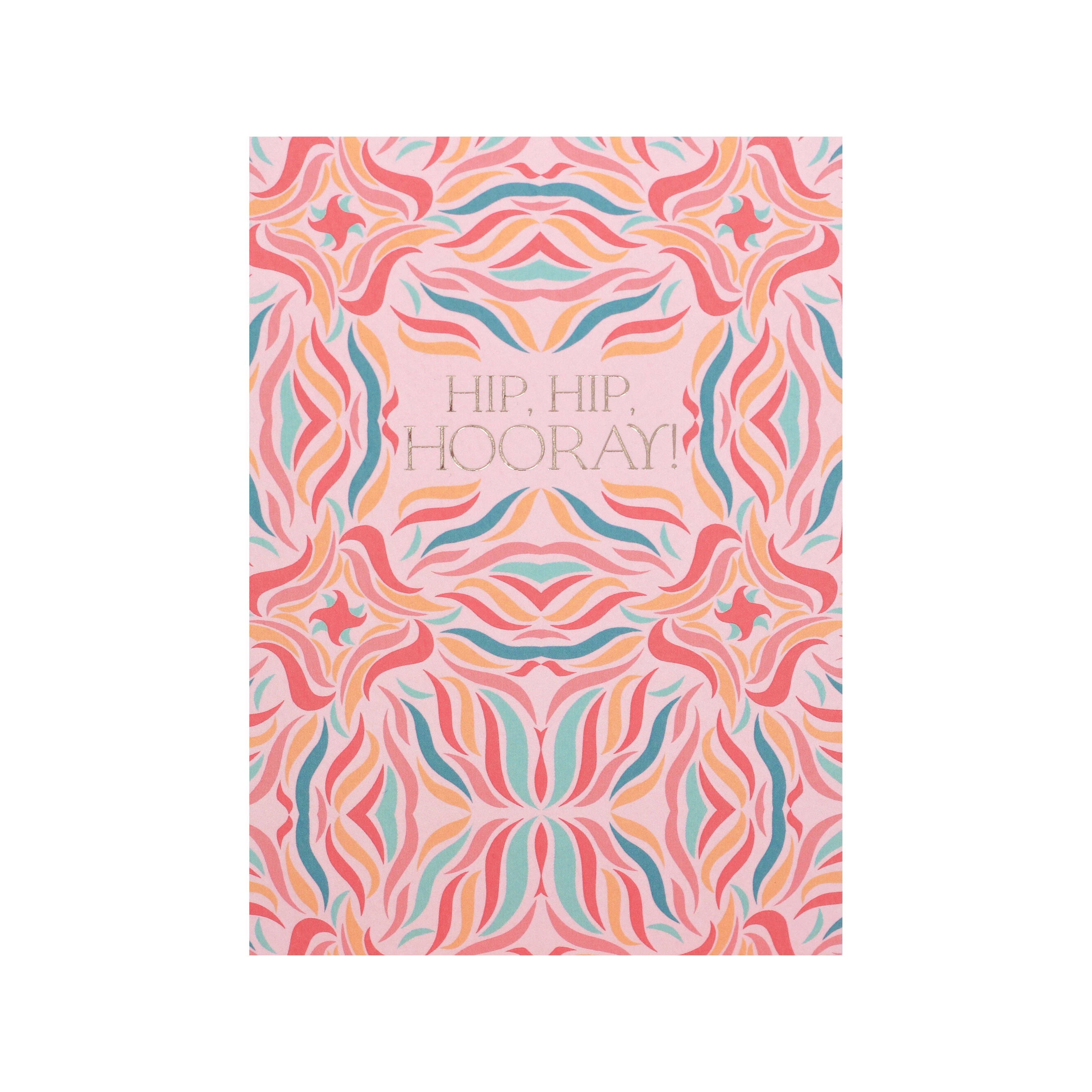 Notebook with colorful abstract pattern and 'Hip, Hip, Hooray!' text on a white background