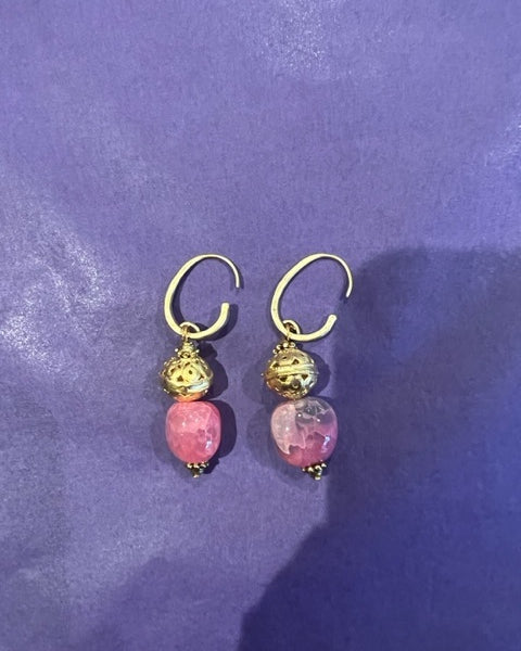 Pink agate gold hook earring