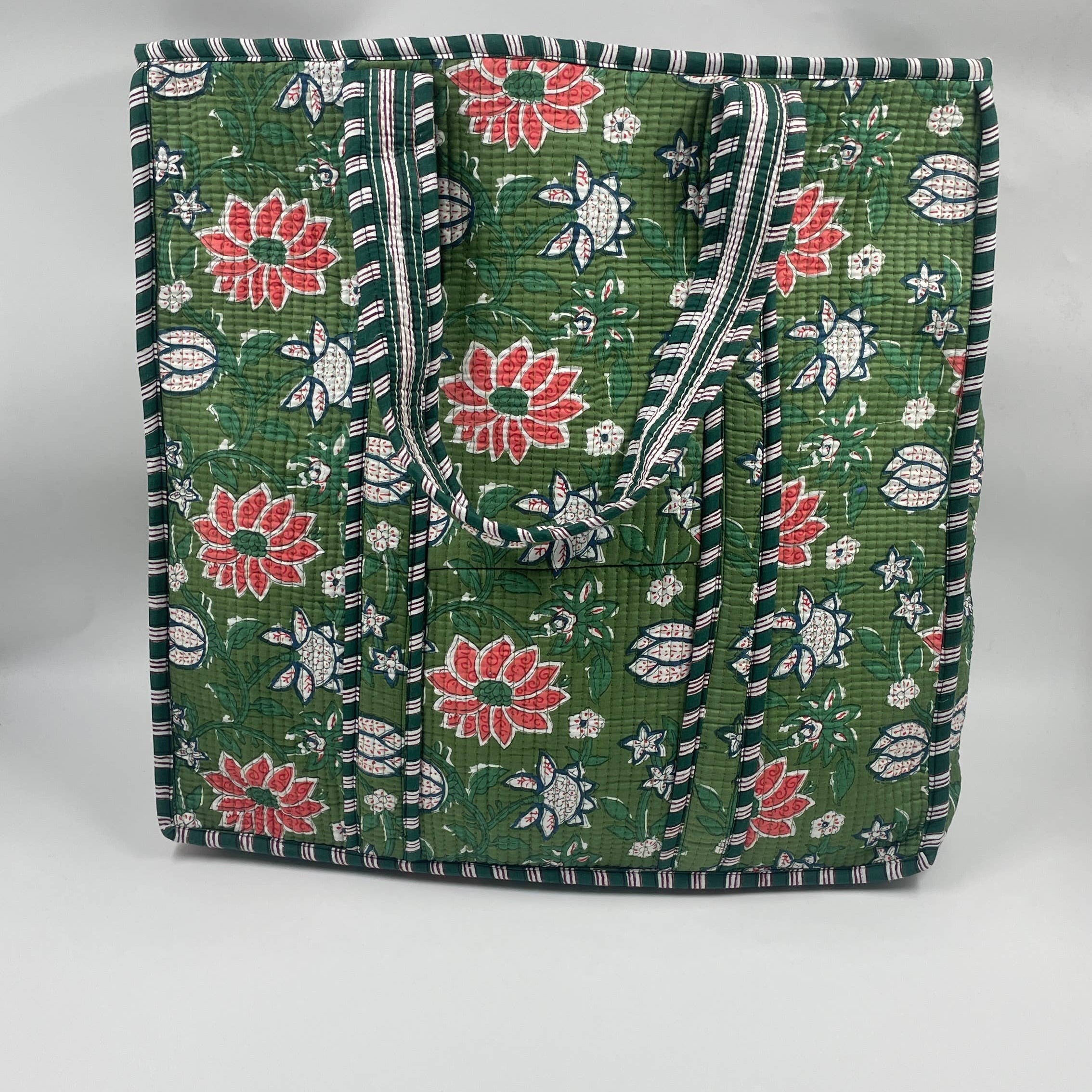 Green & Pink Floral Cotton QuiltedTote Bag