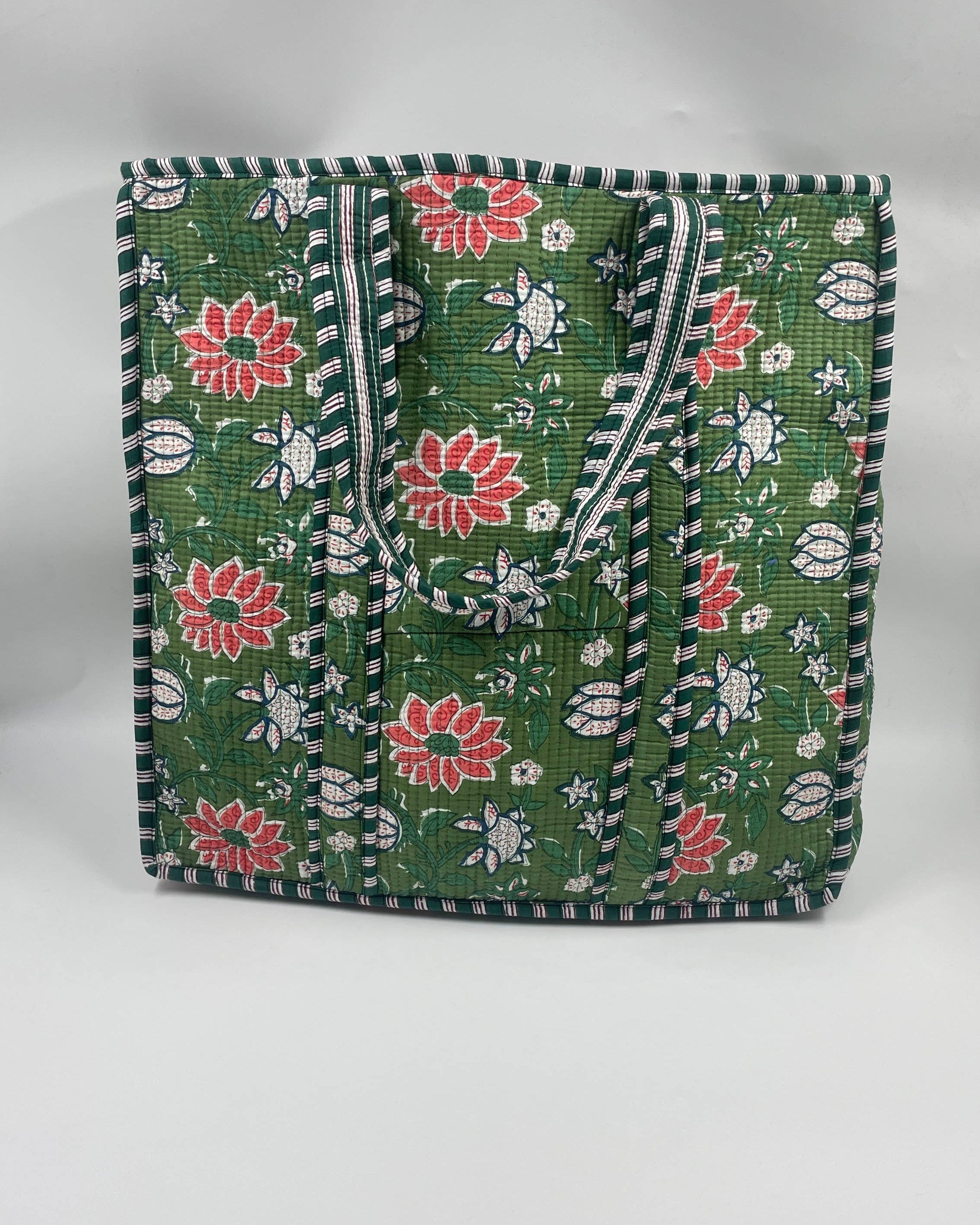 Green & Pink Floral Cotton QuiltedTote Bag