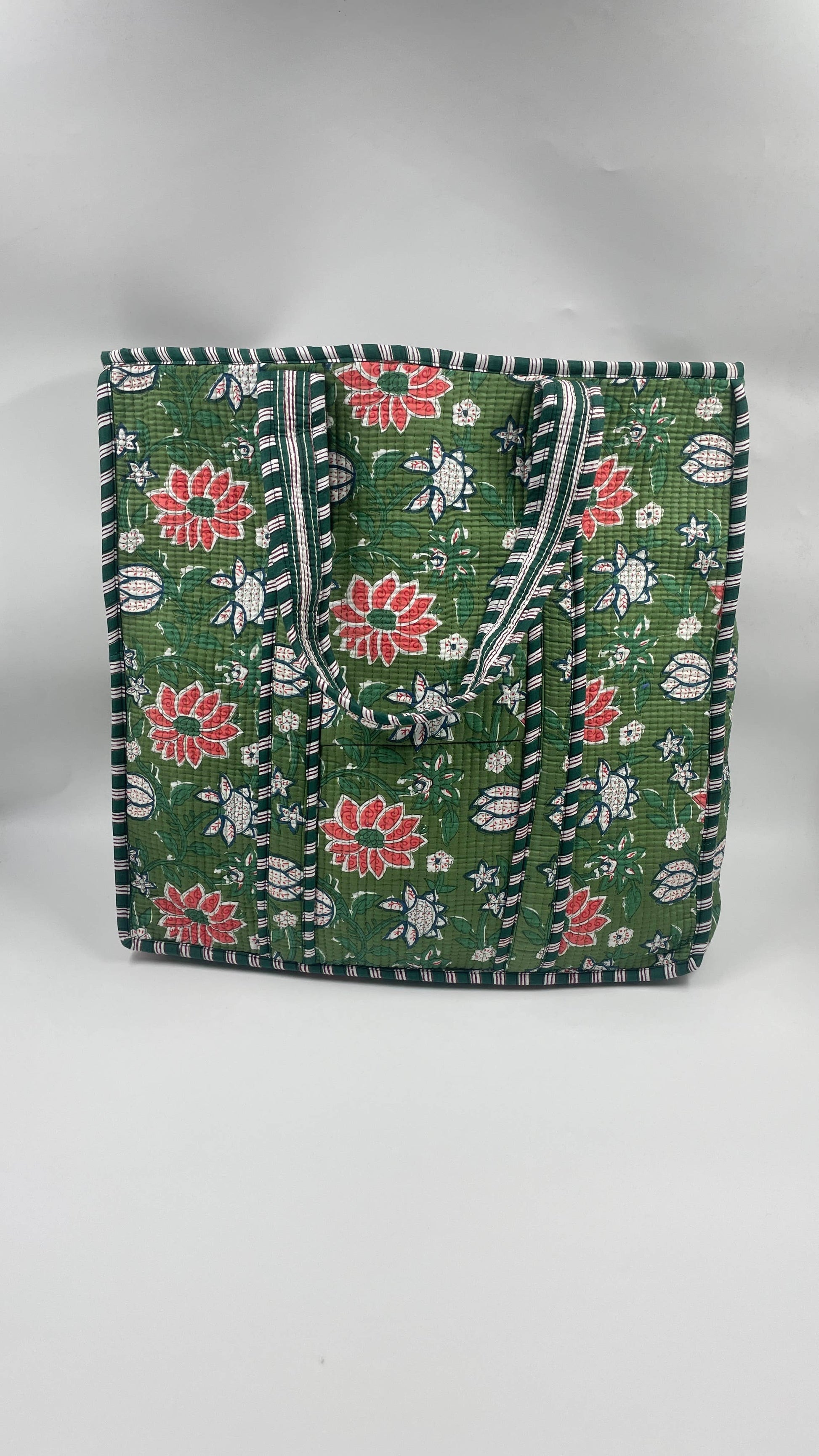 Green & Pink Floral Cotton QuiltedTote Bag