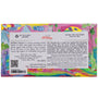 Back of a colorful chocolate bar packaging with text and branding.