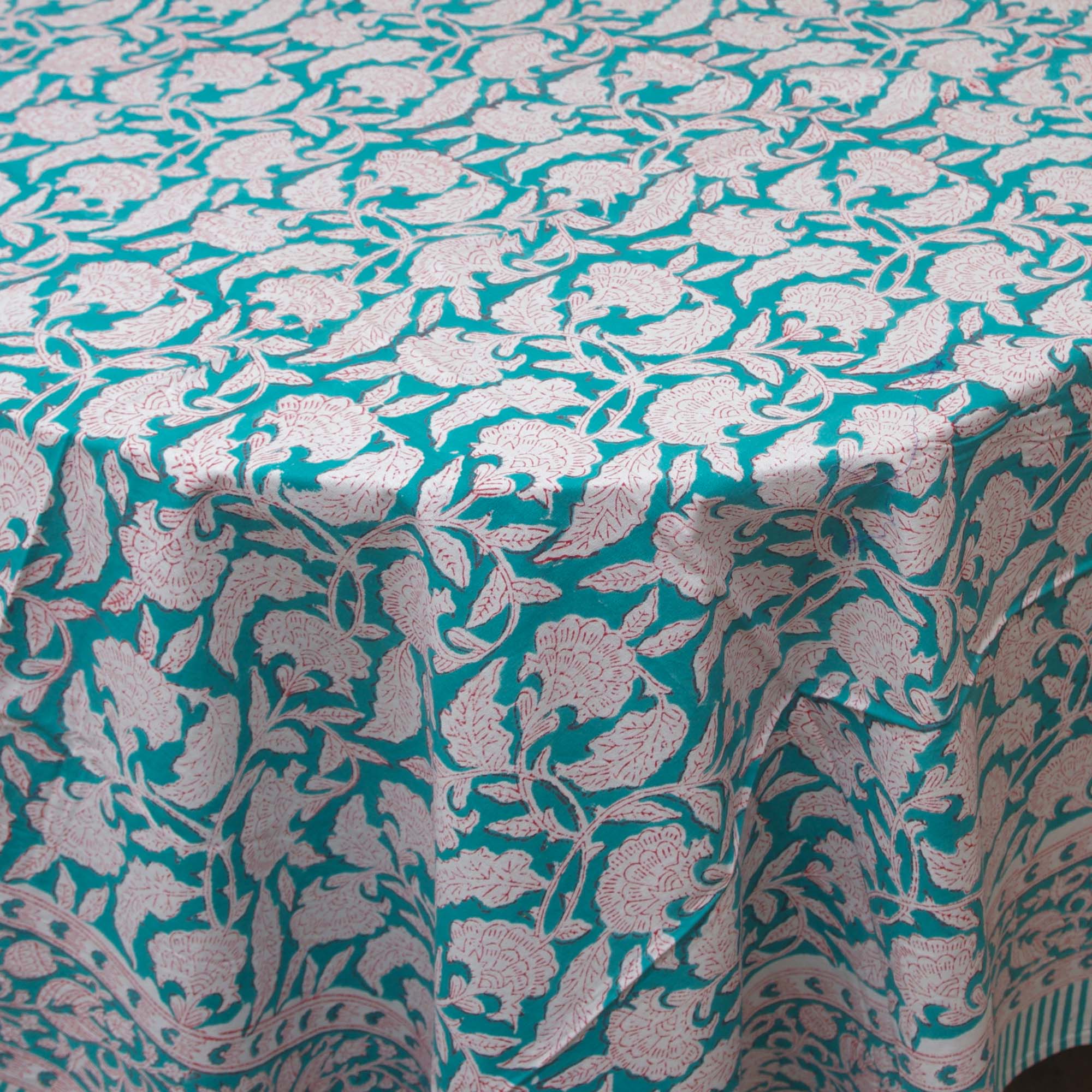 Block Printed Rectangular Tablecloth - Teal floral