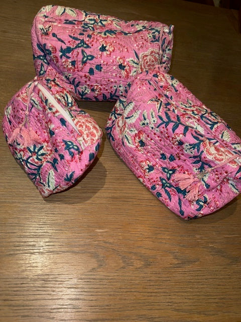 Red Flowers On Blue set of three wash bags