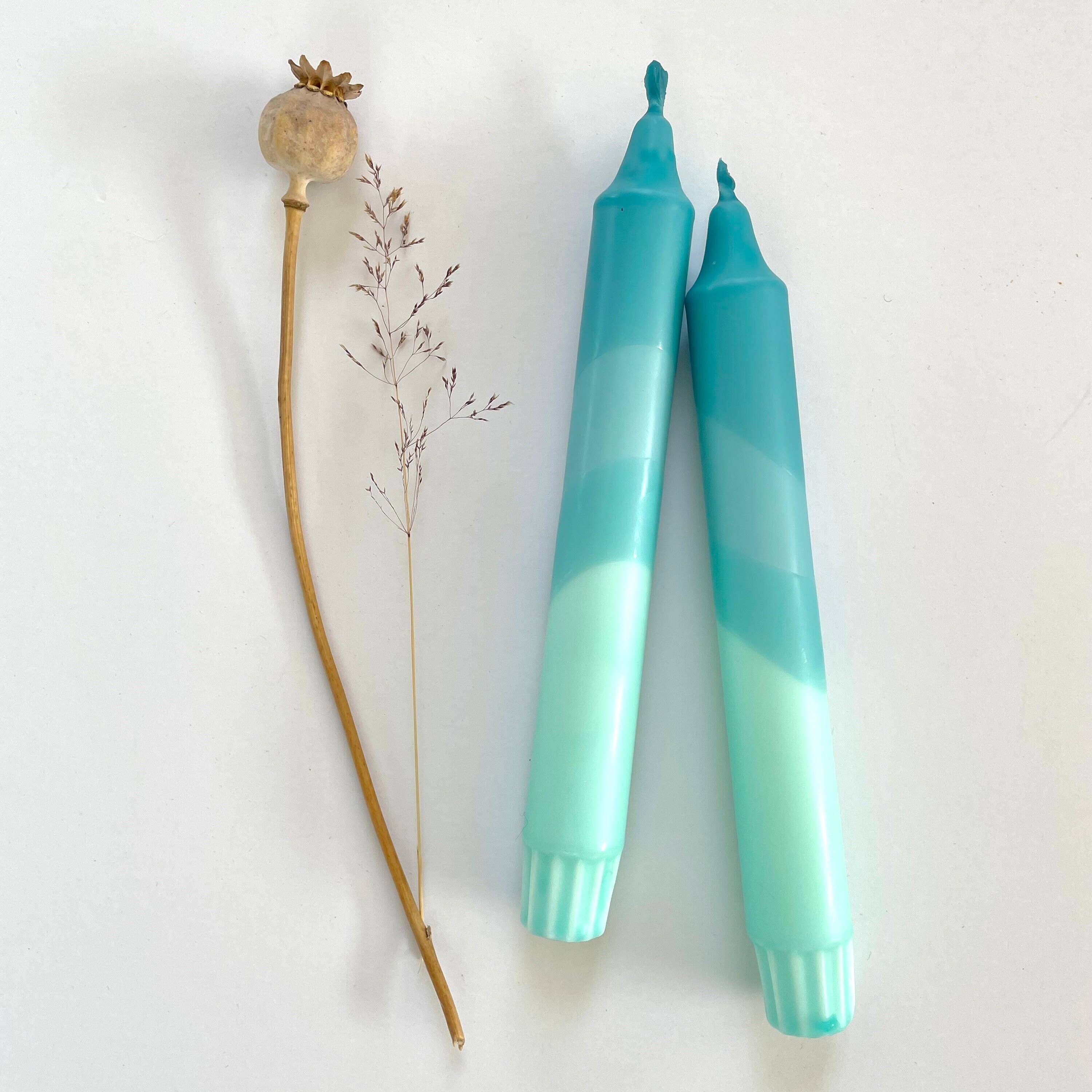 Hawaiian Blue and Turquoise Swirl Dip Dyed Dinner Candles