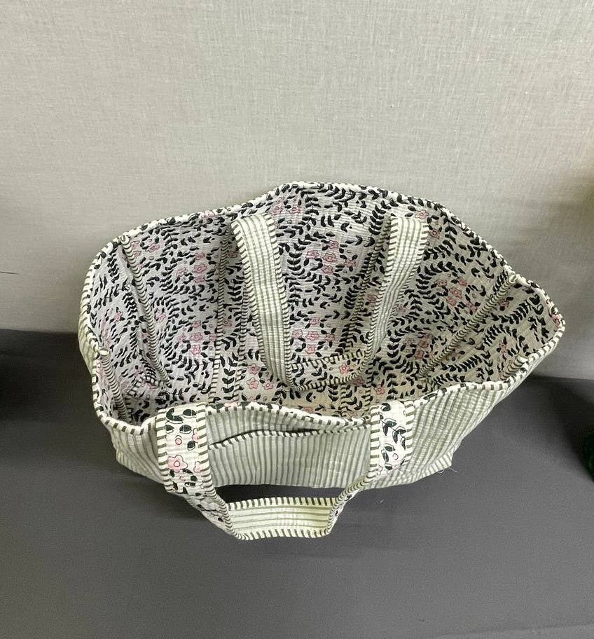 White Botanical Kantha Quilted  Tote Bag