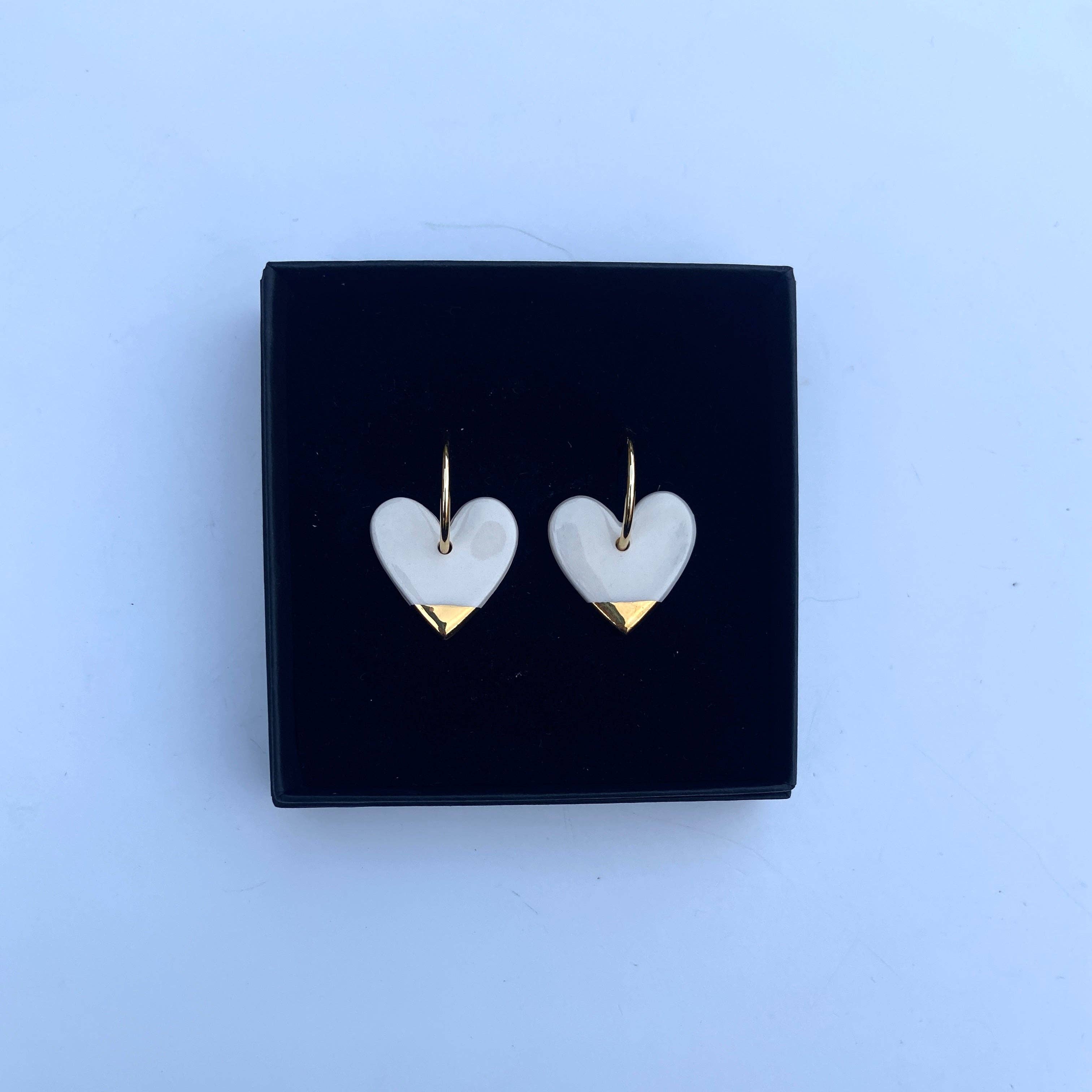 White Heart Ceramic Charm With Hoops: Gold