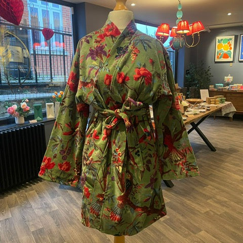 Luxury Velvet Robe - Green Botanical (short) - Was £120