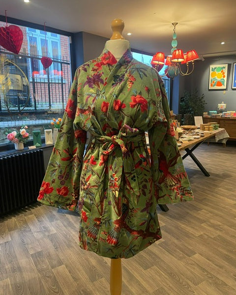 Luxury Velvet Robe - Green Botanical (short) - Was £120