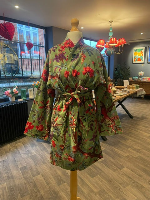 Luxury Velvet Robe - Green Botanical (short) - Was £120
