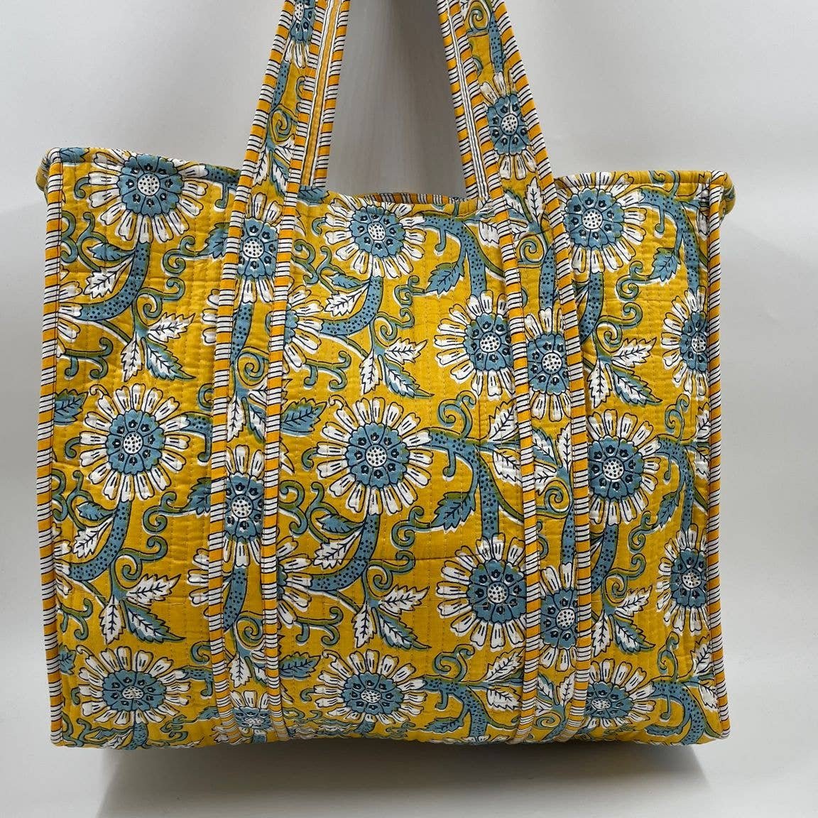 Gold Floral Kantha Quilted Tote Bag