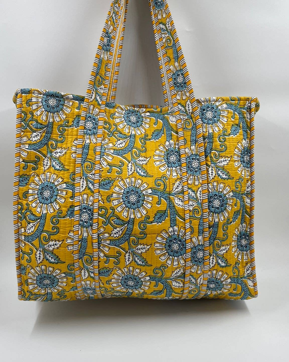 Gold Floral Kantha Quilted Tote Bag