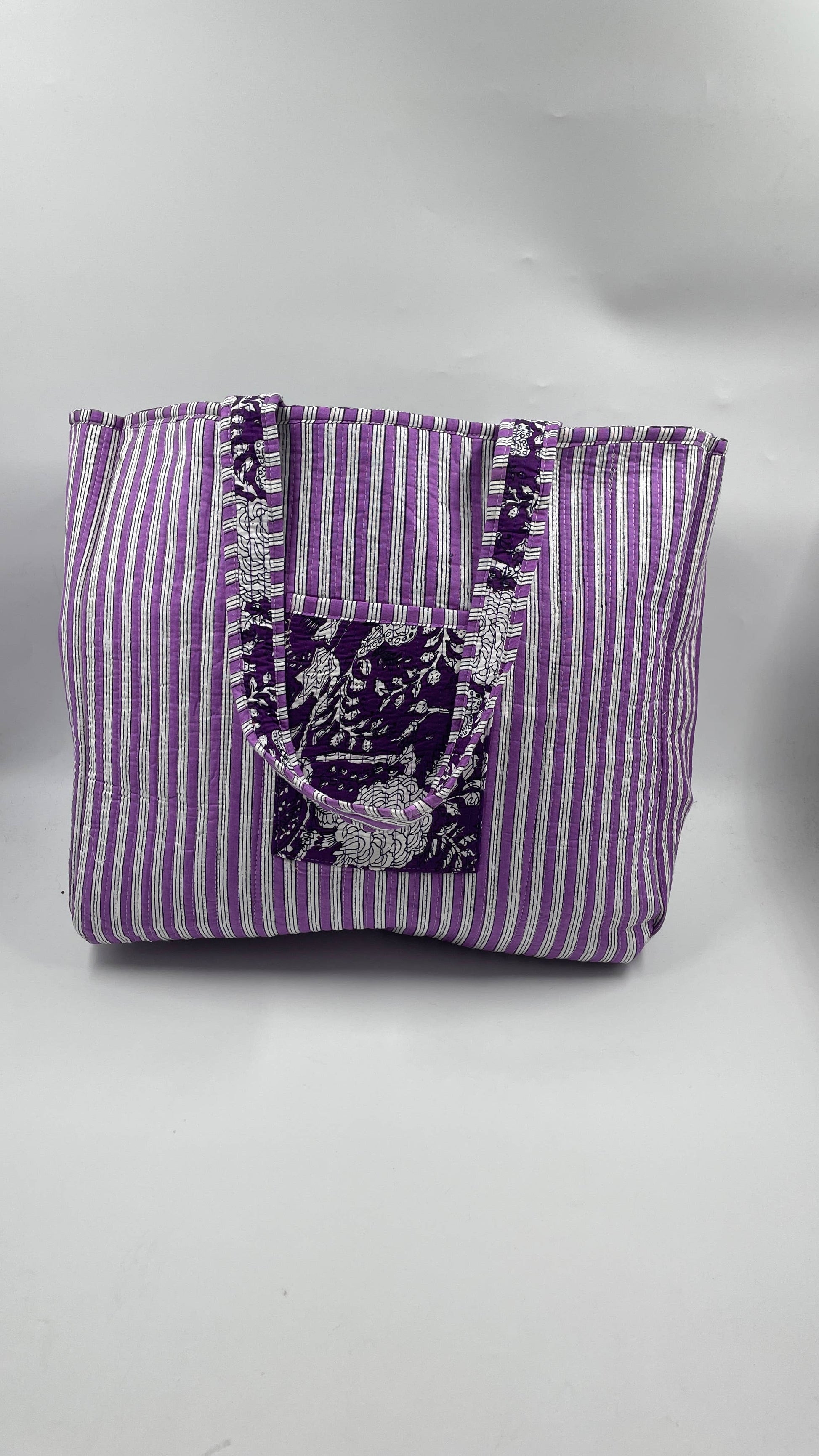 Purple Floral Cotton Quilted Tote Bag