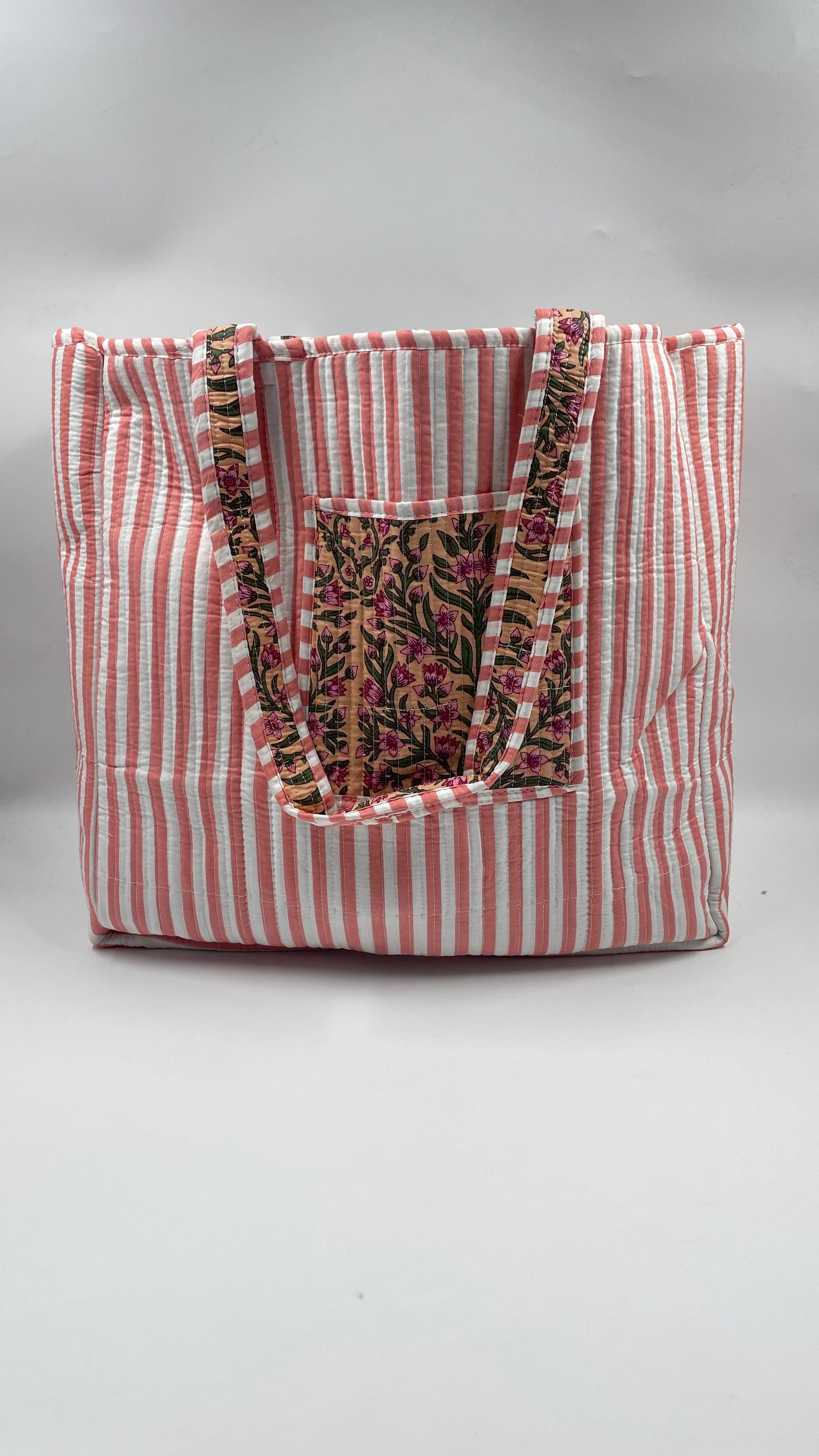 Pink & Green botanical Cotton Kantha Tote Bag