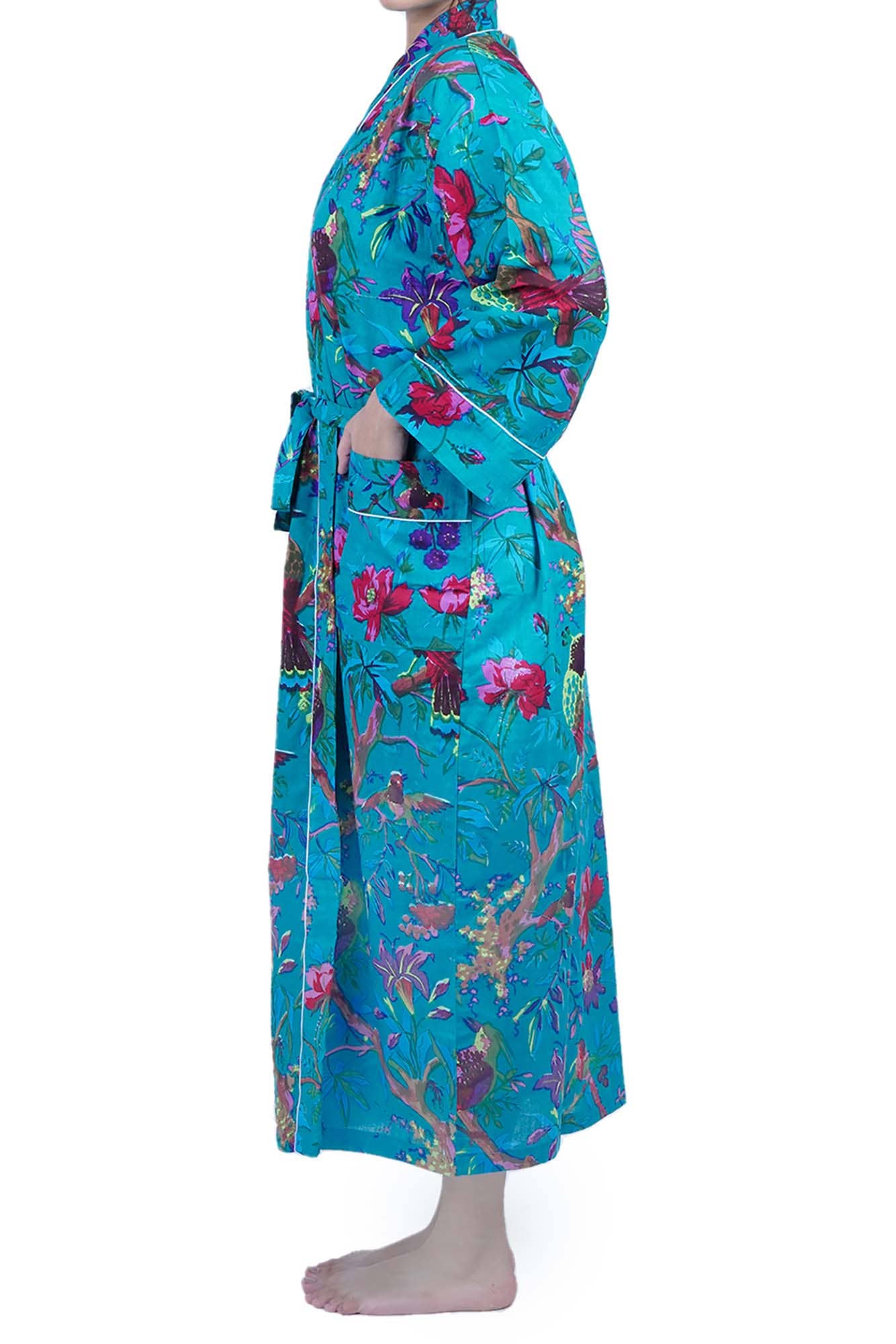 Cotton Kimono Dressing Gown - Teal Blue Birds