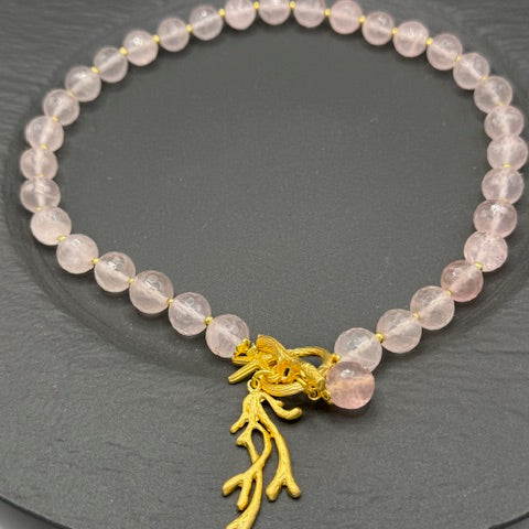 Rose Quartz and Gold Coral Charm Necklace