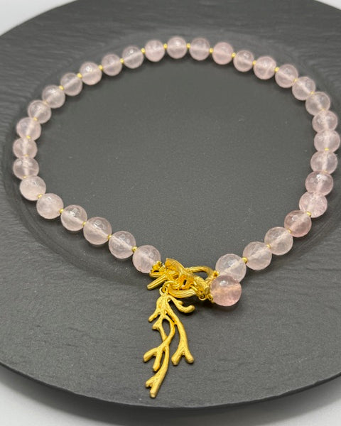 Rose Quartz and Gold Coral Charm Necklace