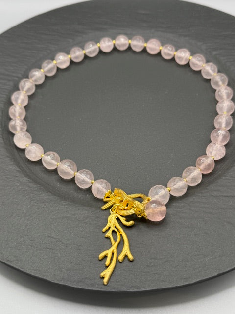 Rose Quartz and Gold Coral Charm Necklace