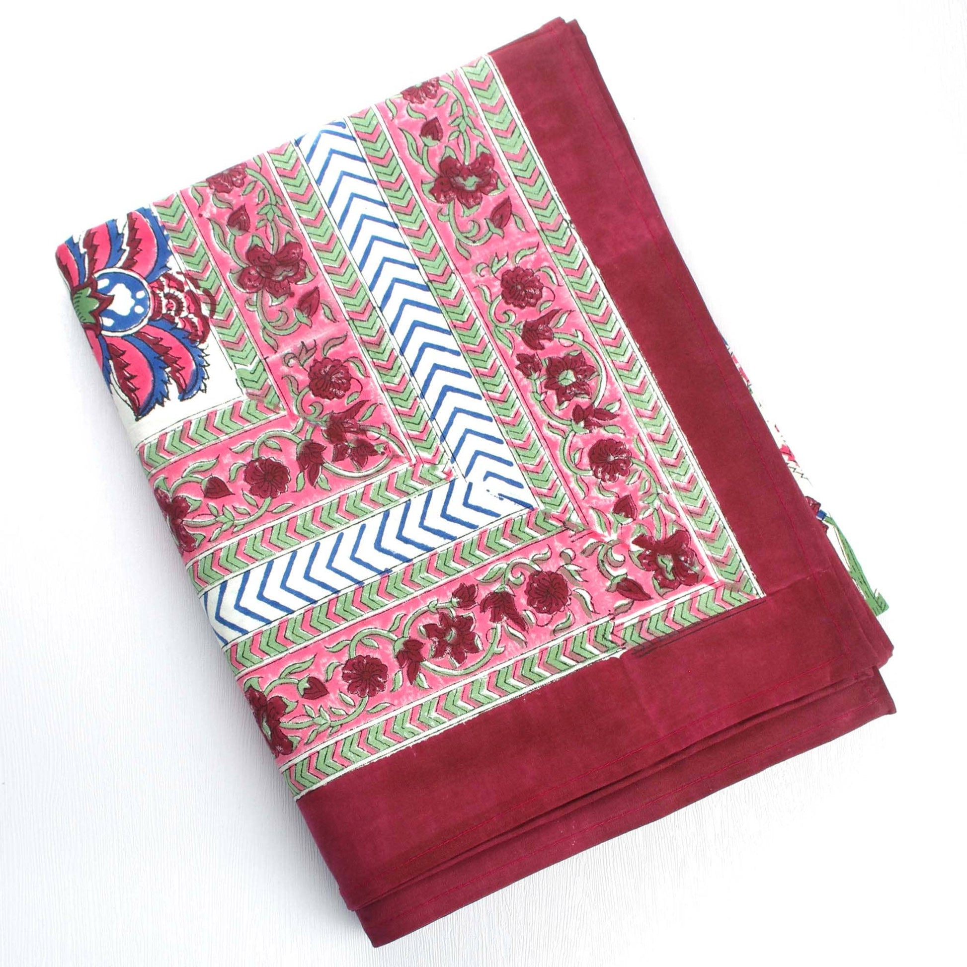 Block Printed Rectangular Tablecloth - Pink Green Floral