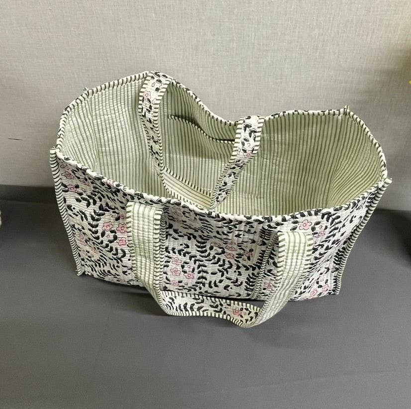 White Botanical Kantha Quilted  Tote Bag
