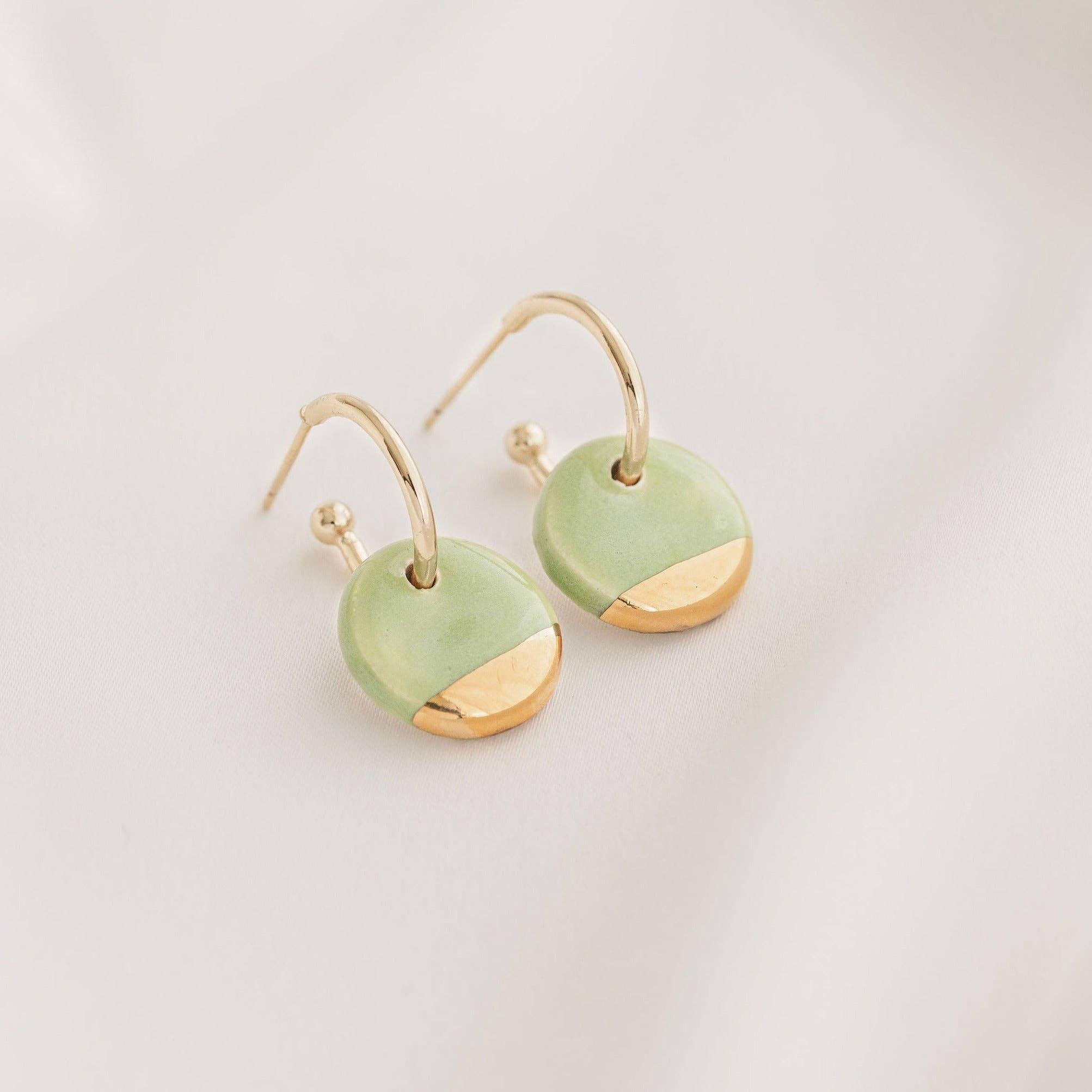 Light Green Mini Ceramic Circle Charm With Huggie Hoops: Gold