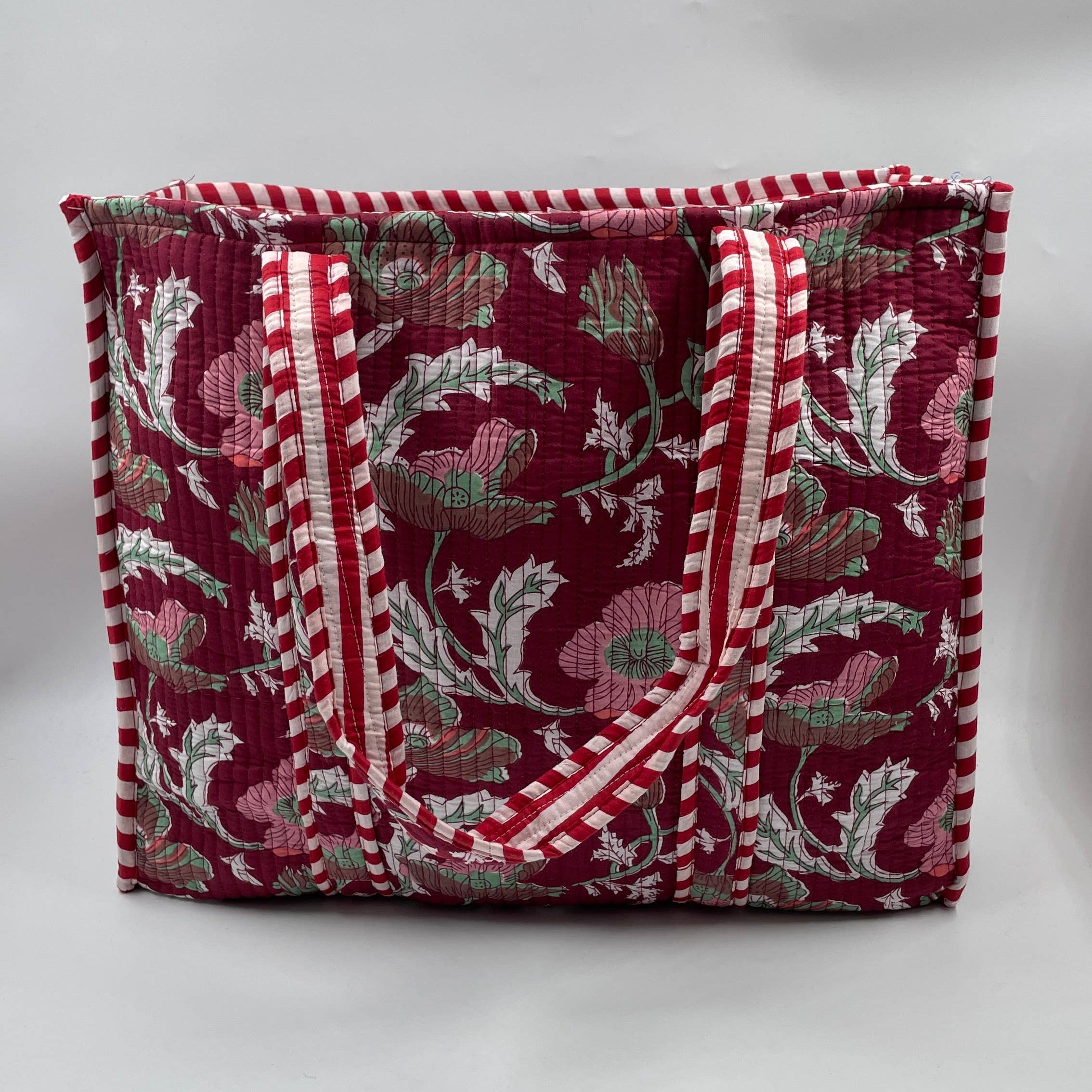 Burgundy Floral Cotton Quilted Tote Bag