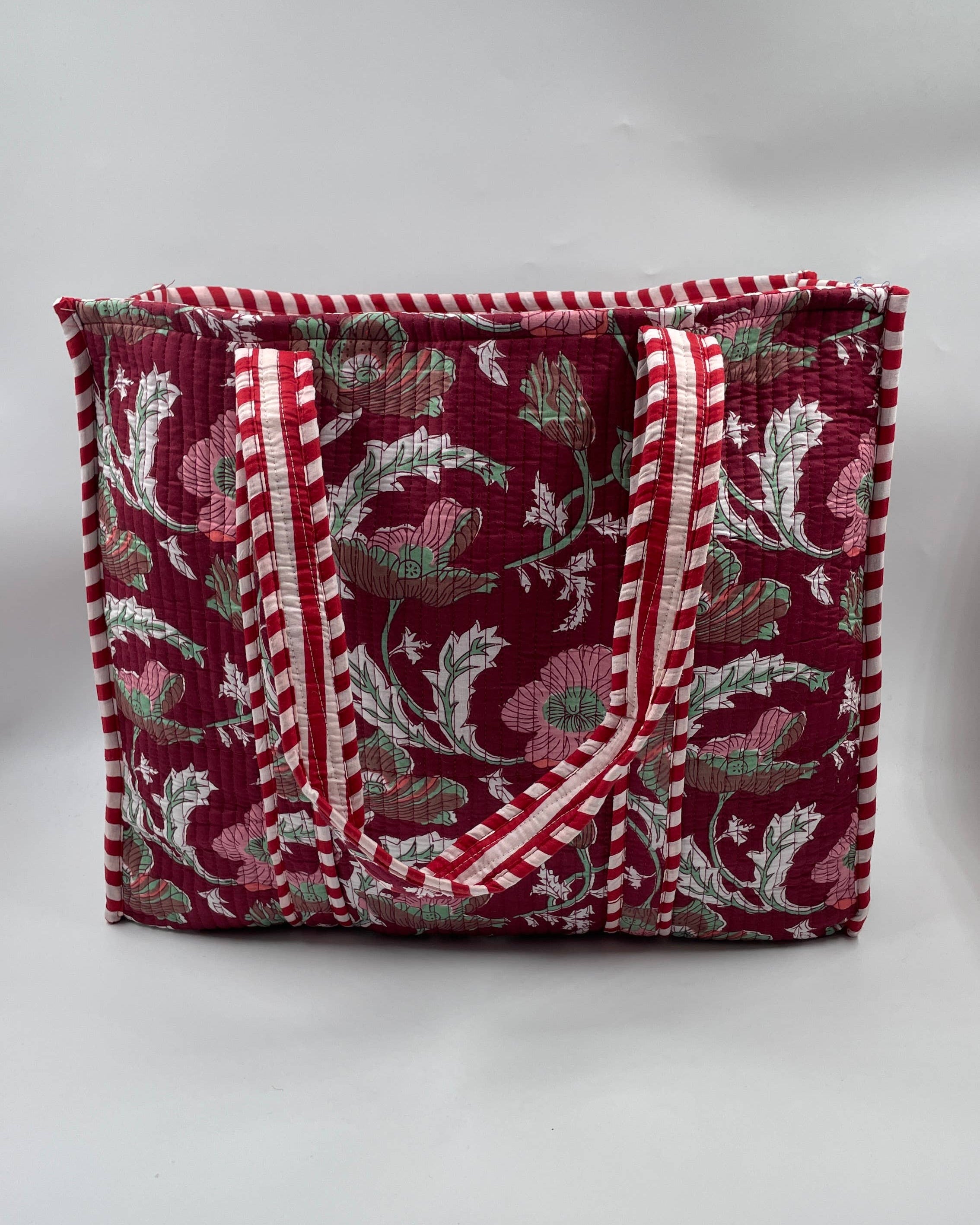 Burgundy Floral Cotton Quilted Tote Bag