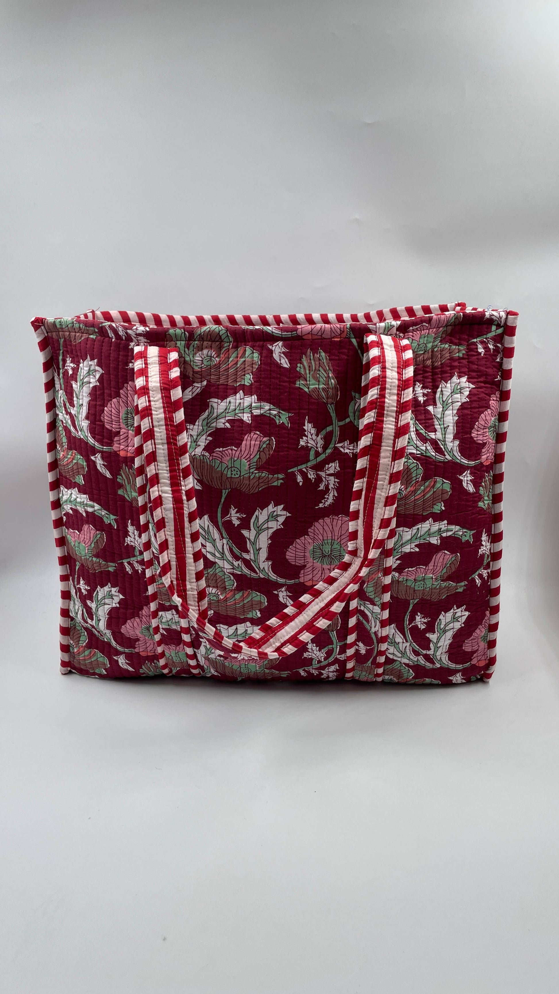 Burgundy Floral Cotton Quilted Tote Bag