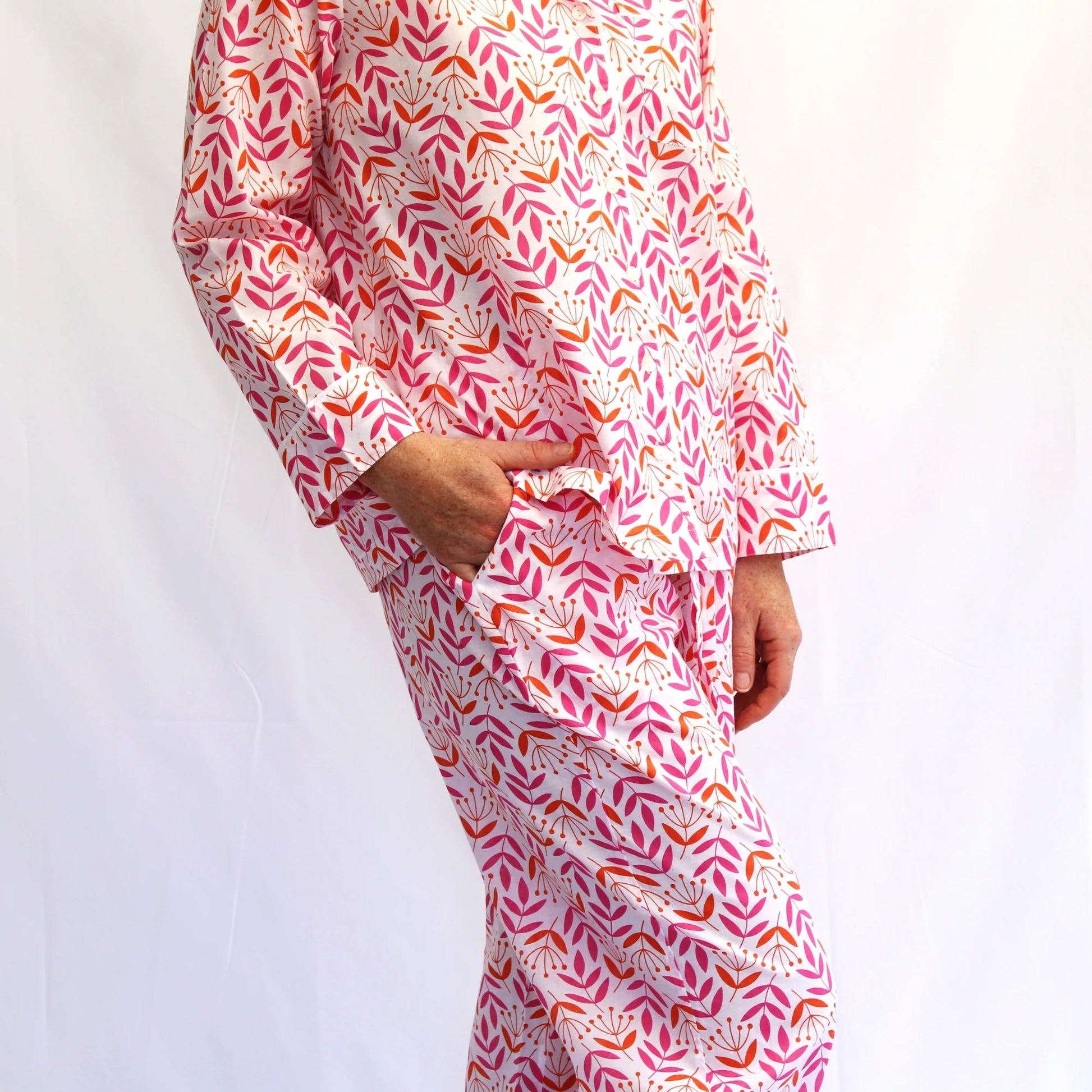 Patterned pajama set with long sleeves and pants on a white background