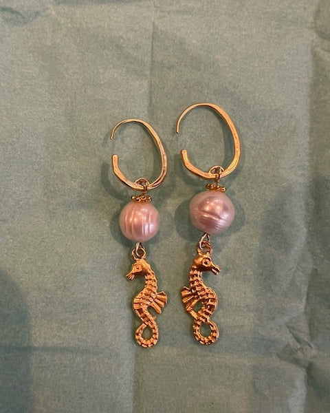 Seahorse and freshwater pearl earrings
