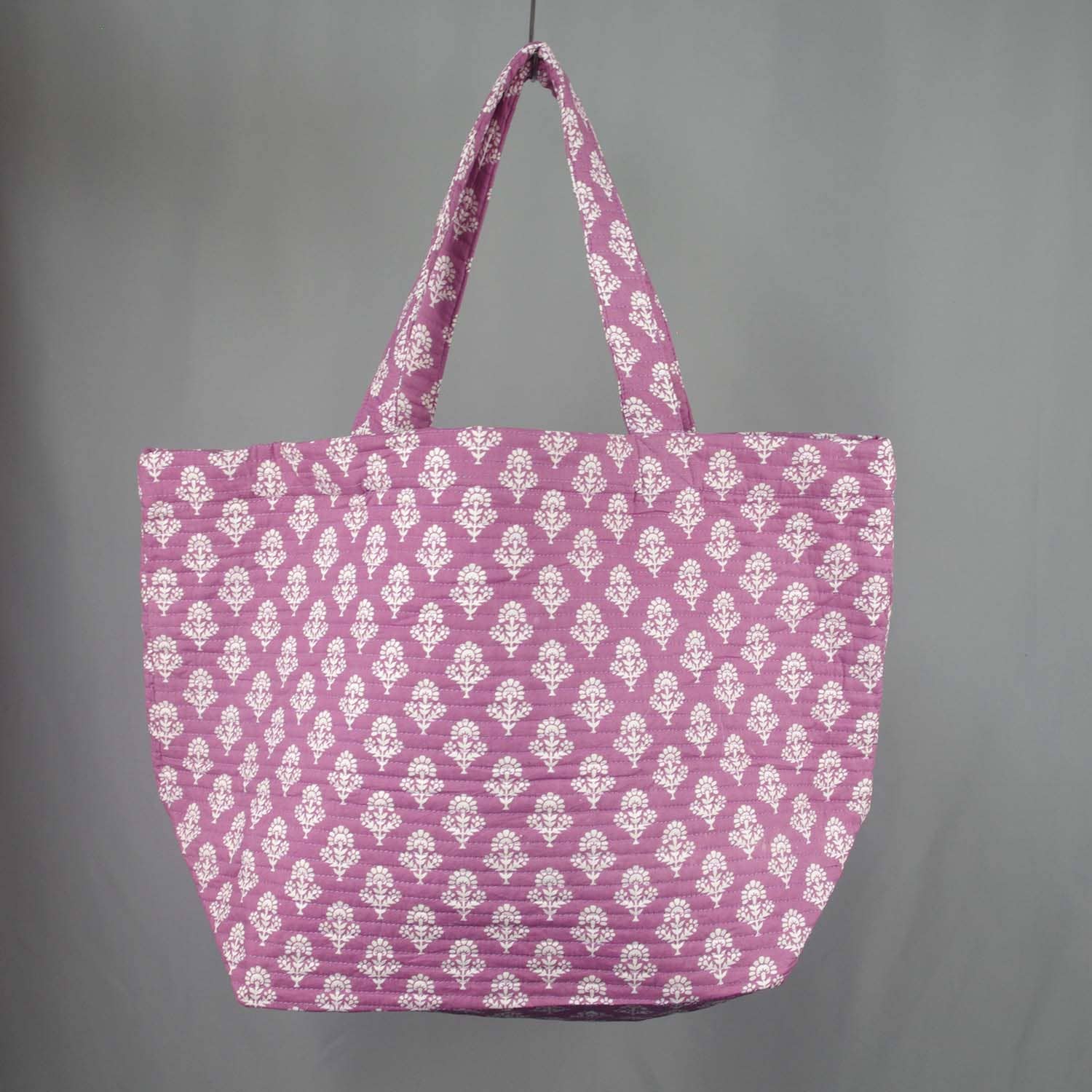 Cotton Quilted Large Shopping /Beach Bag- Light Purple Motif